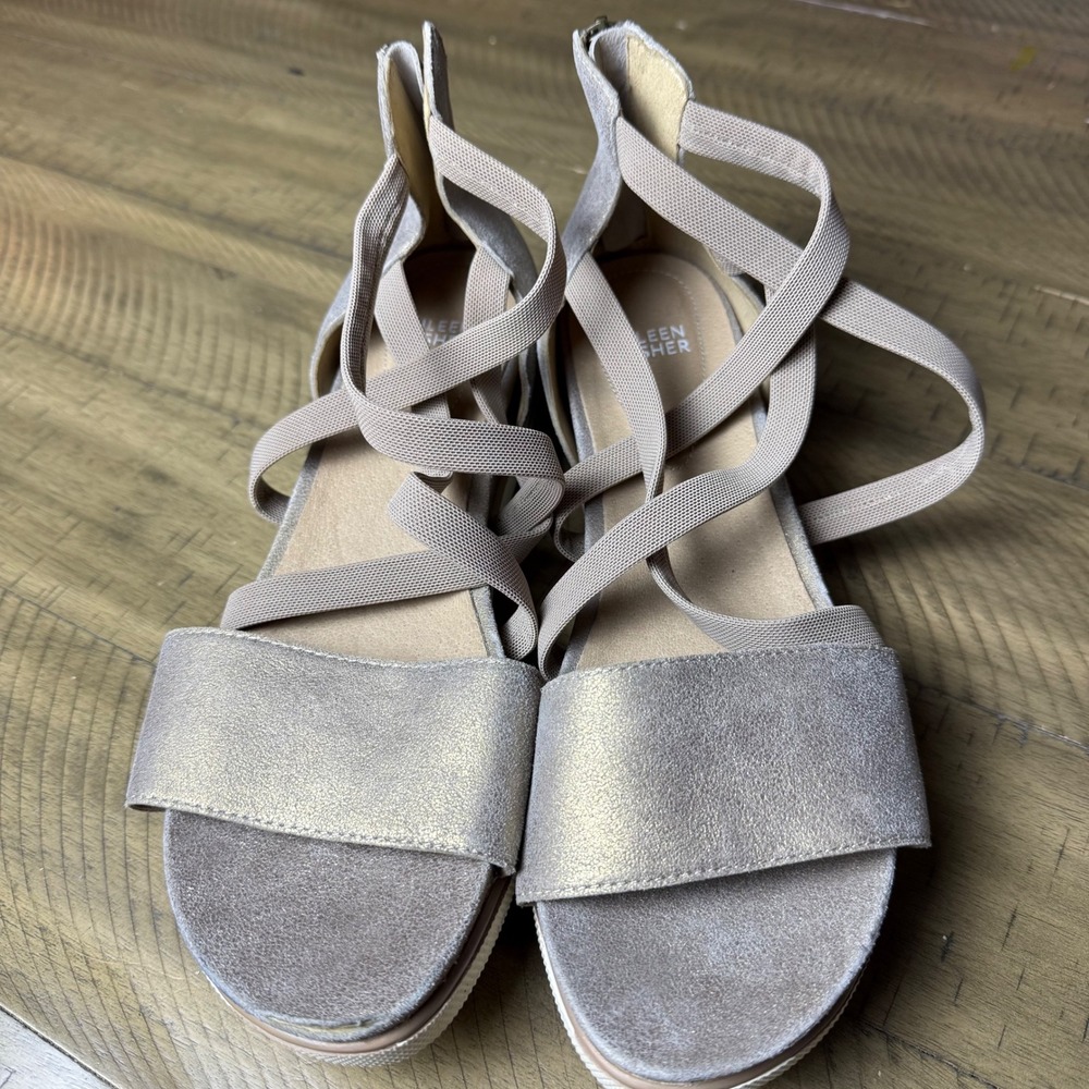 Eileen Fisher Star‎ Metallic Wedge Sandals Womens Size 11 Elastic Straps - Picture 2 of 7